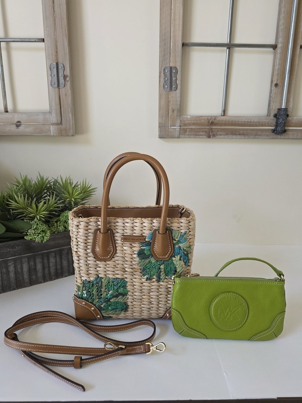 Michael Kors Malibu Straw Crossbody Tote Palm Leaf Embroidery + MK Wristlet